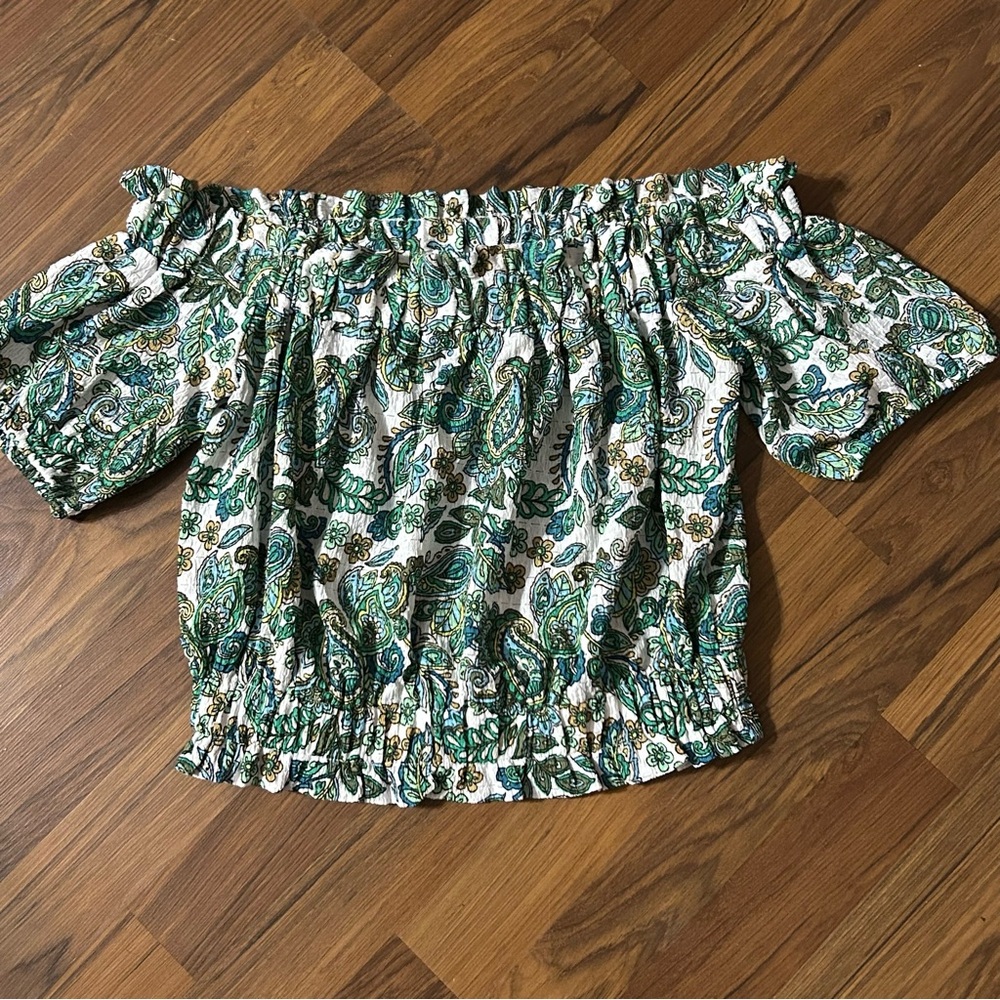 LOFT Green Paisley Off-Shoulder Blouse